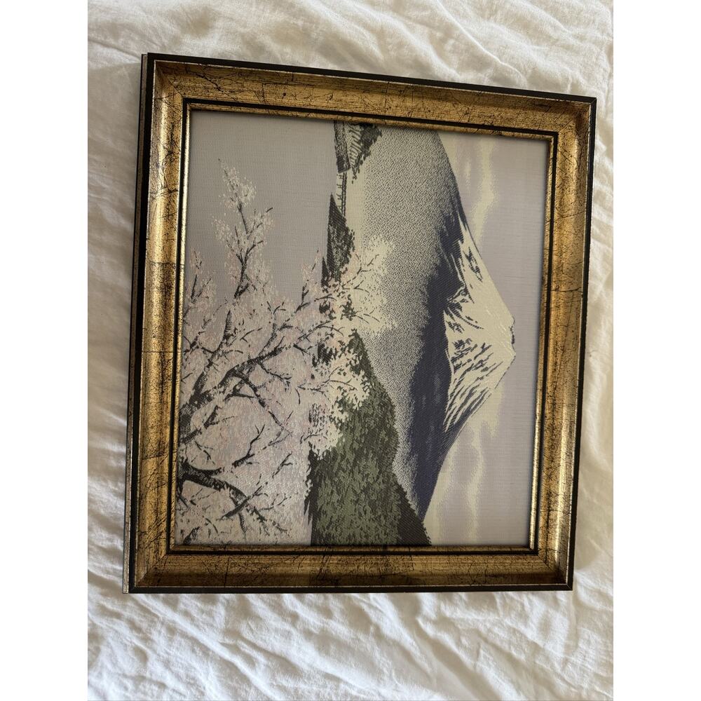 Silk Embroidery Art Mt Fuji Bridge Gold Framed 11x13